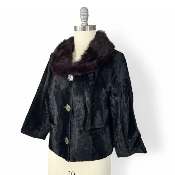 Vintage 1950s Black Velvet Jacket with Fur-Trimmed‎ Collar | Size M - Picture 5 of 8